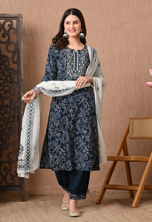 Bandhani Printed Notch Neck Pure Cotton Kurta Set With Dupatta
