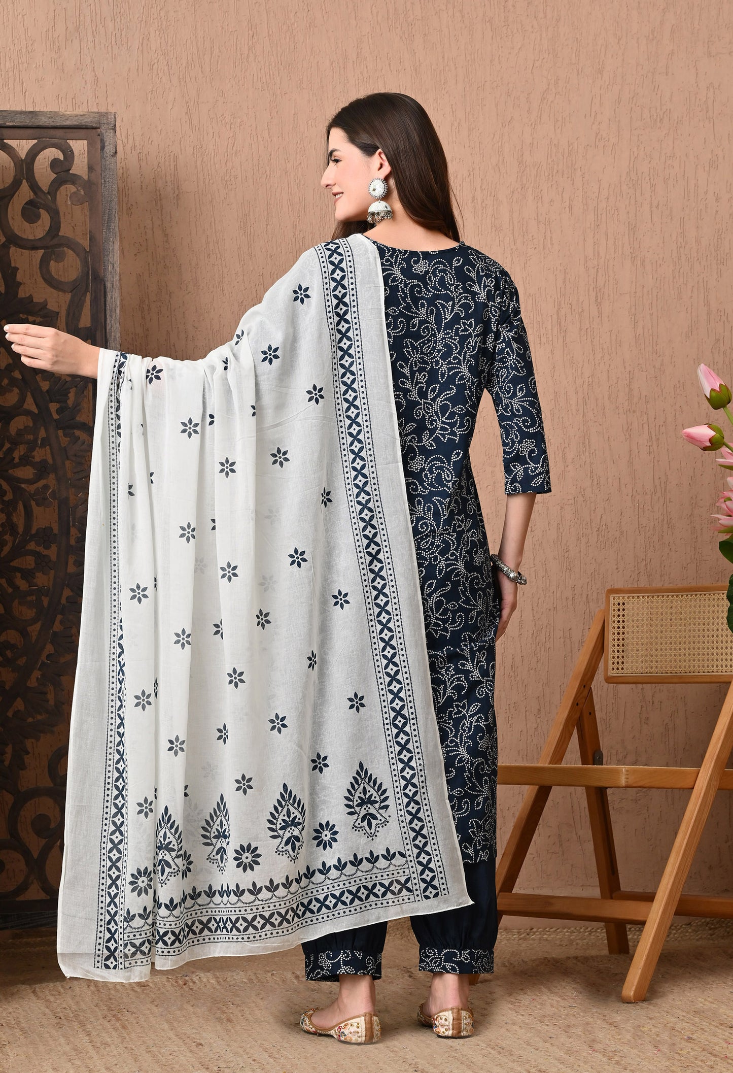 Bandhani Printed Notch Neck Pure Cotton Kurta Set With Dupatta
