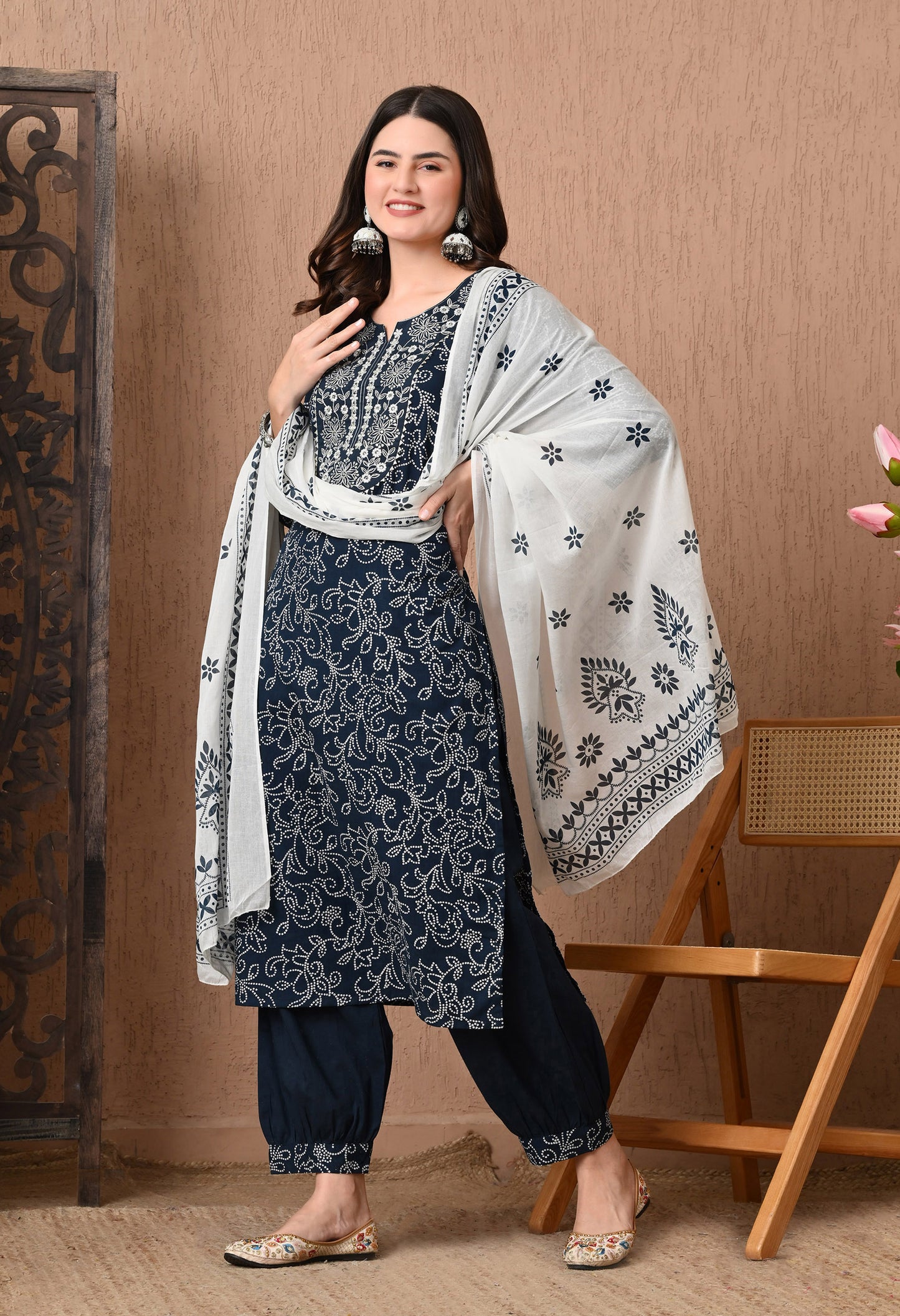 Bandhani Printed Notch Neck Pure Cotton Kurta Set With Dupatta