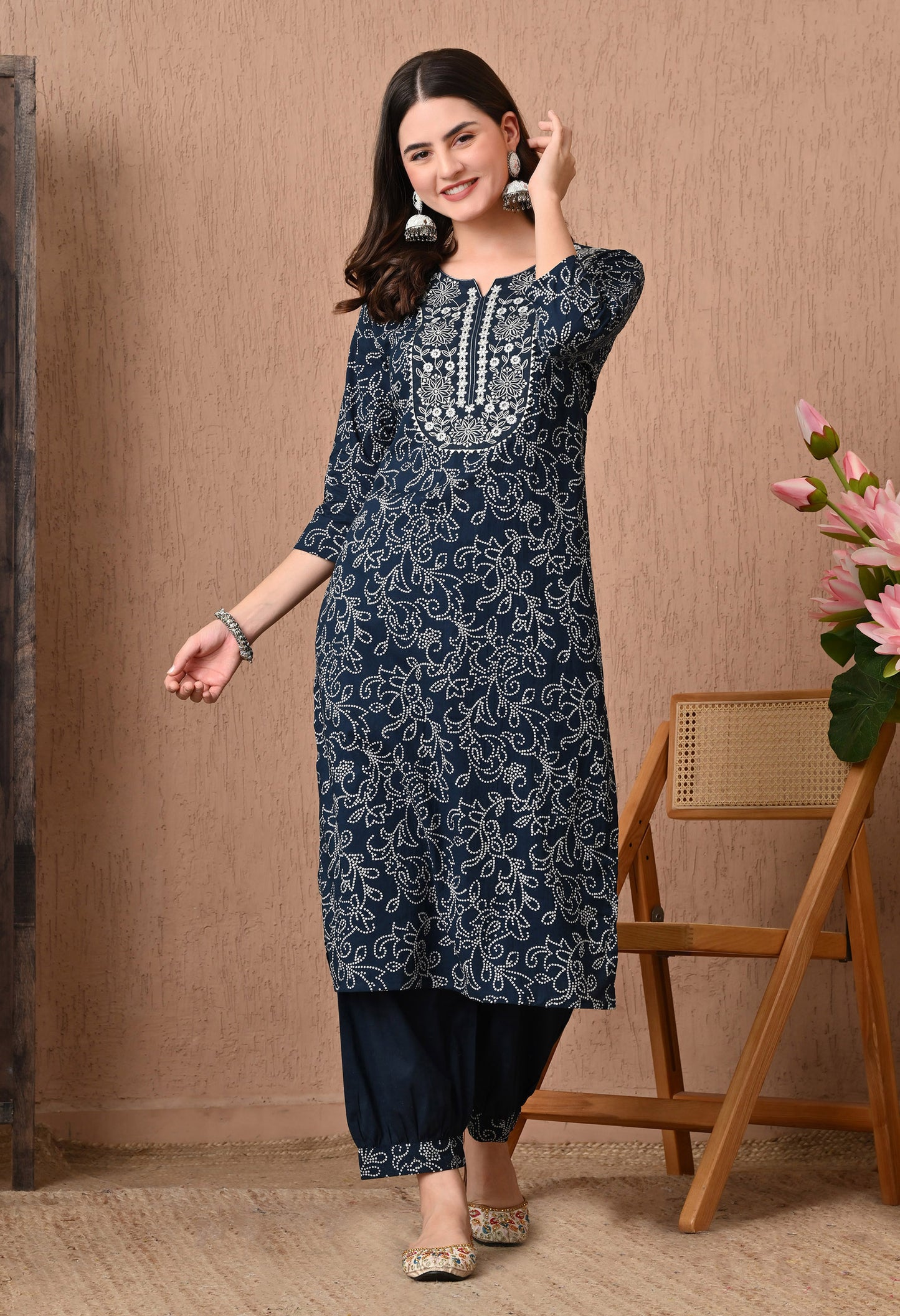 Bandhani Printed Notch Neck Pure Cotton Kurta Set With Dupatta