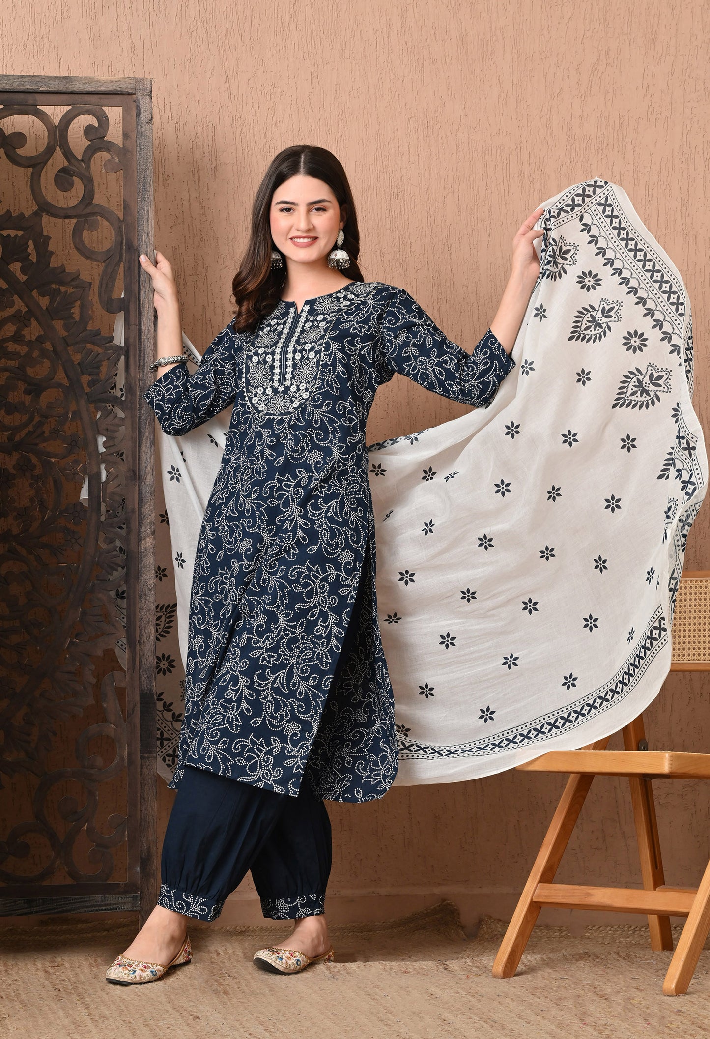 Bandhani Printed Notch Neck Pure Cotton Kurta Set With Dupatta