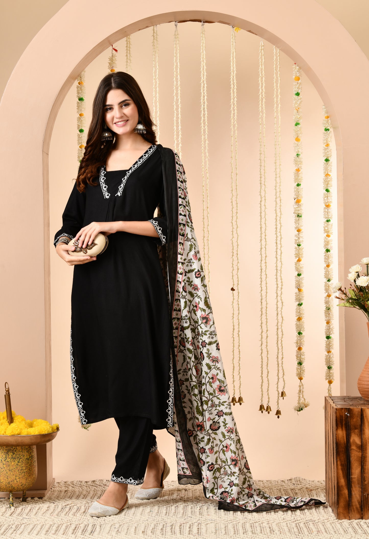 Black Straight Kurta Set with Floral Printed Dupatta
