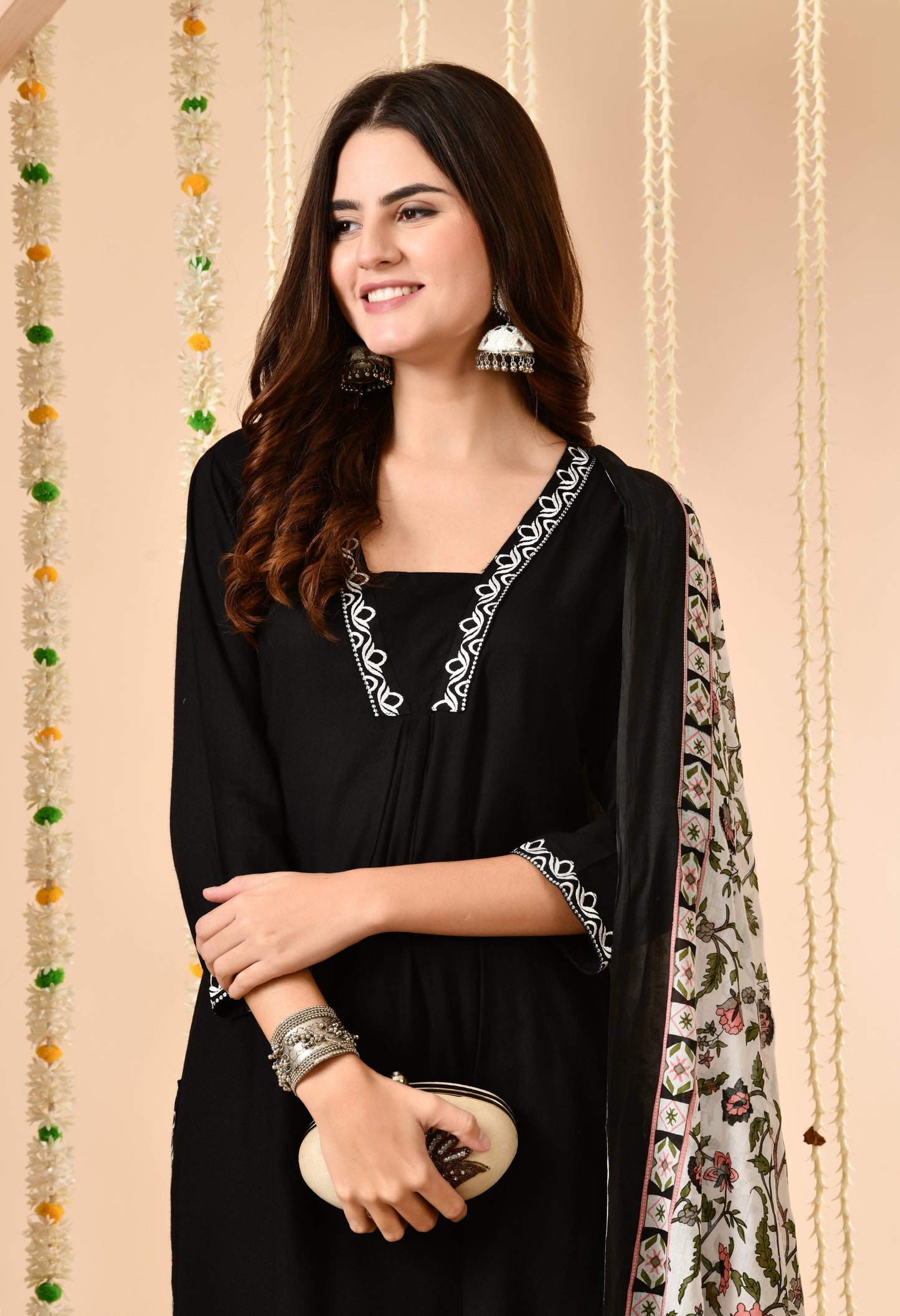 Black Straight Kurta Set with Floral Printed Dupatta