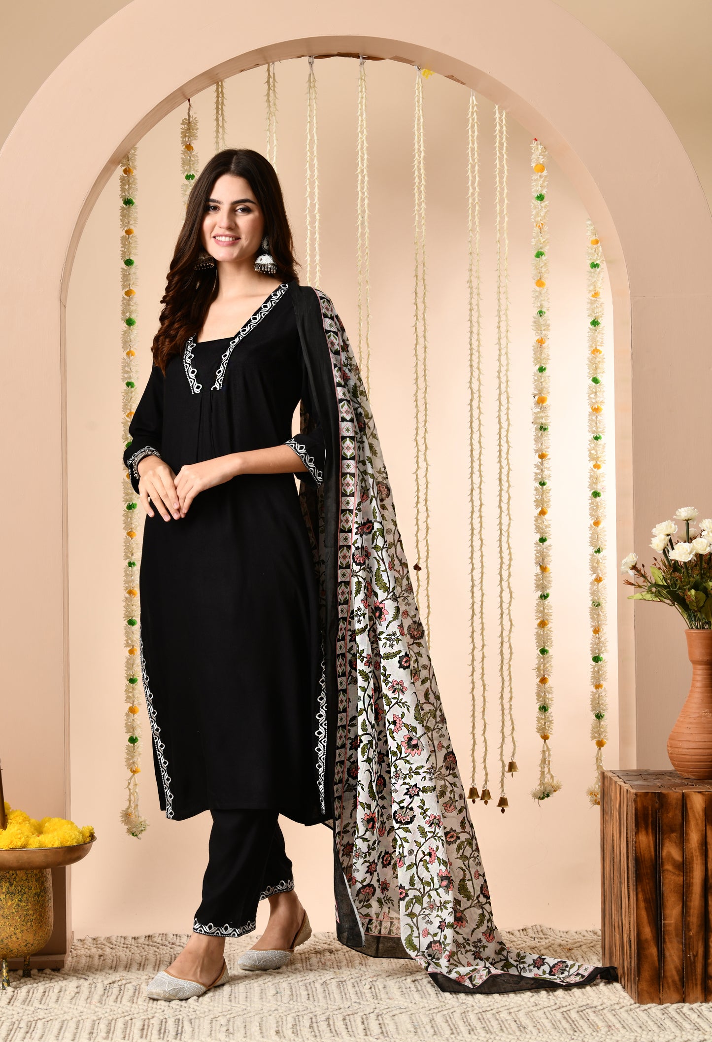 Black Straight Kurta Set with Floral Printed Dupatta