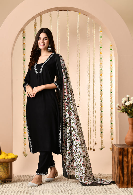 Black Straight Kurta Set with Floral Printed Dupatta