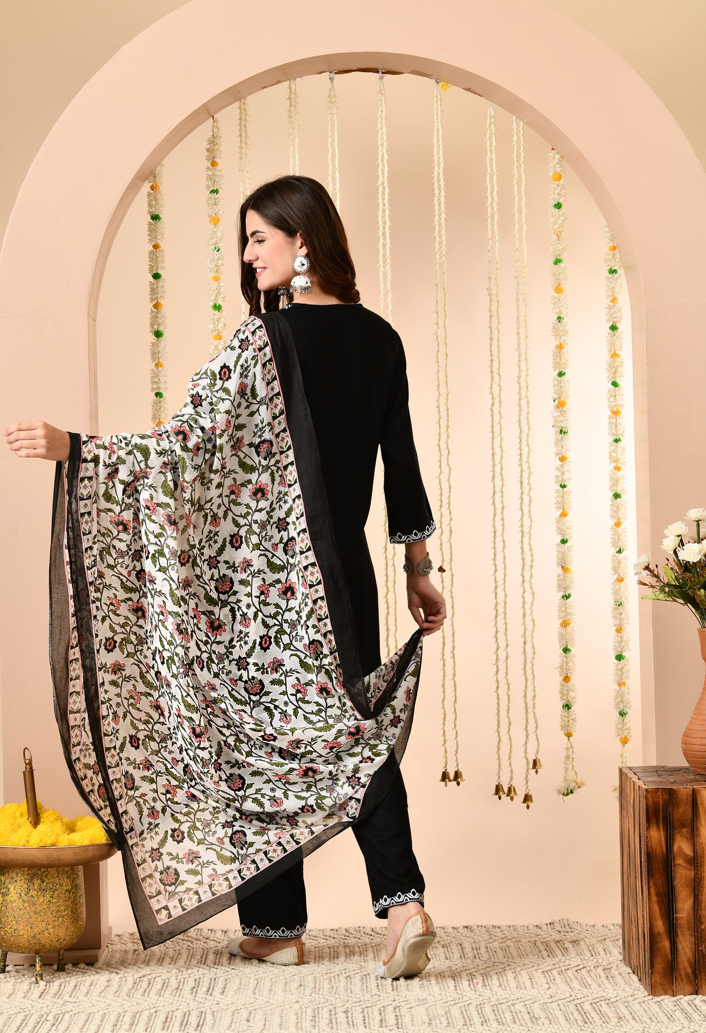 Black Straight Kurta Set with Floral Printed Dupatta