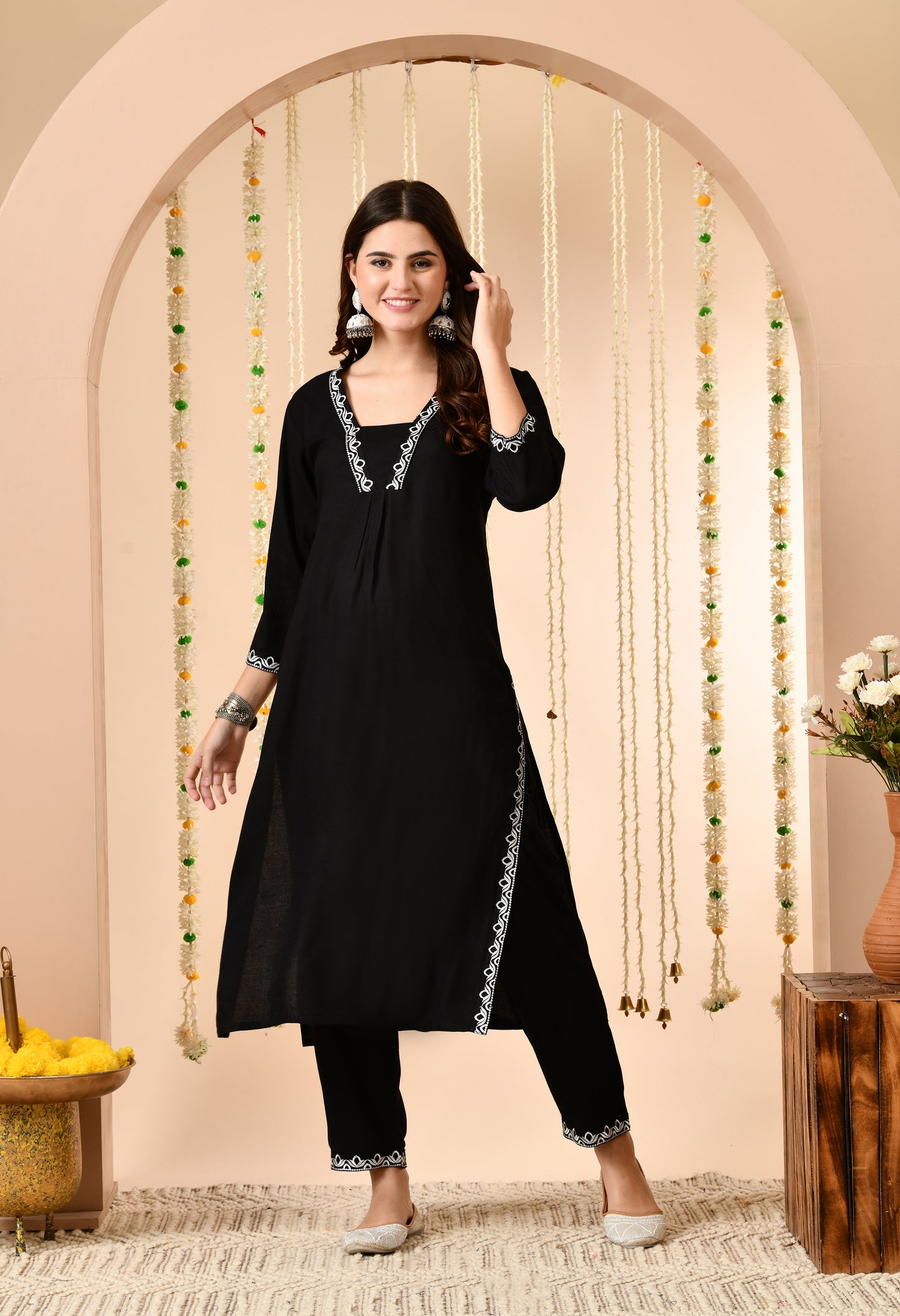 Black Straight Kurta Set with Floral Printed Dupatta