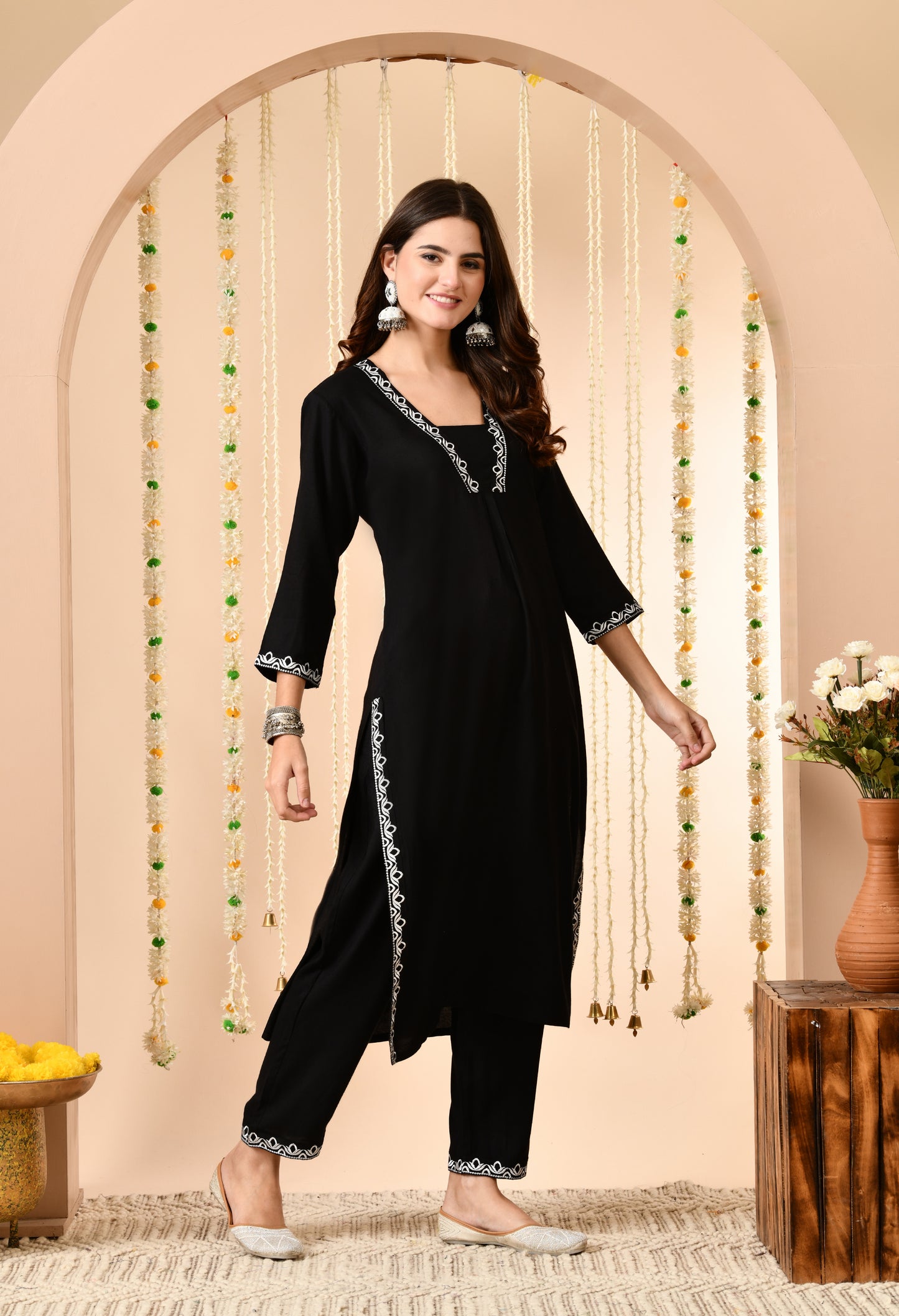 Black Straight Kurta Set with Floral Printed Dupatta