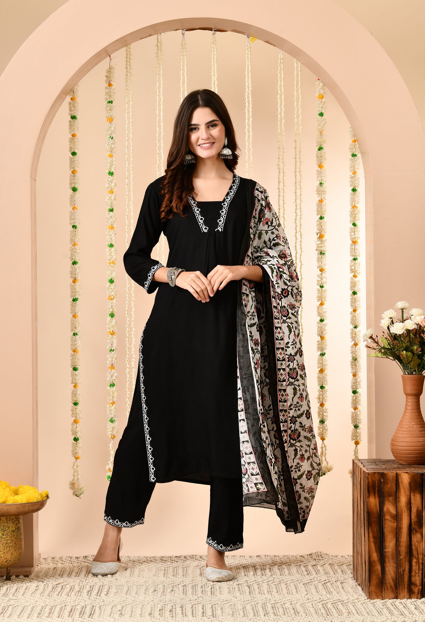 Black Straight Kurta Set with Floral Printed Dupatta
