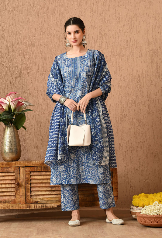 Floral Printed Round Neck Cotton Kurta Set With Dupatta