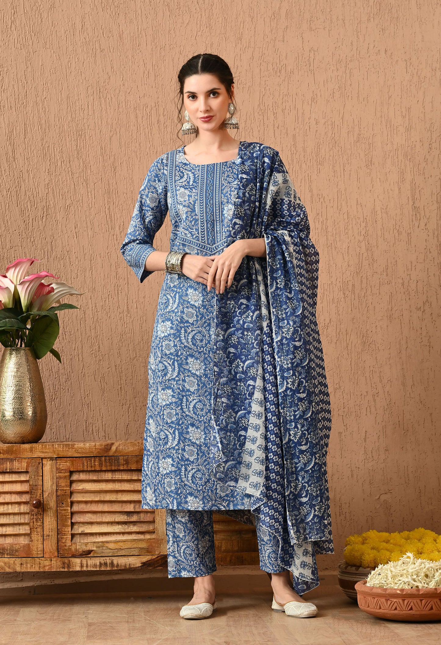 Floral Printed Round Neck Cotton Kurta Set With Dupatta