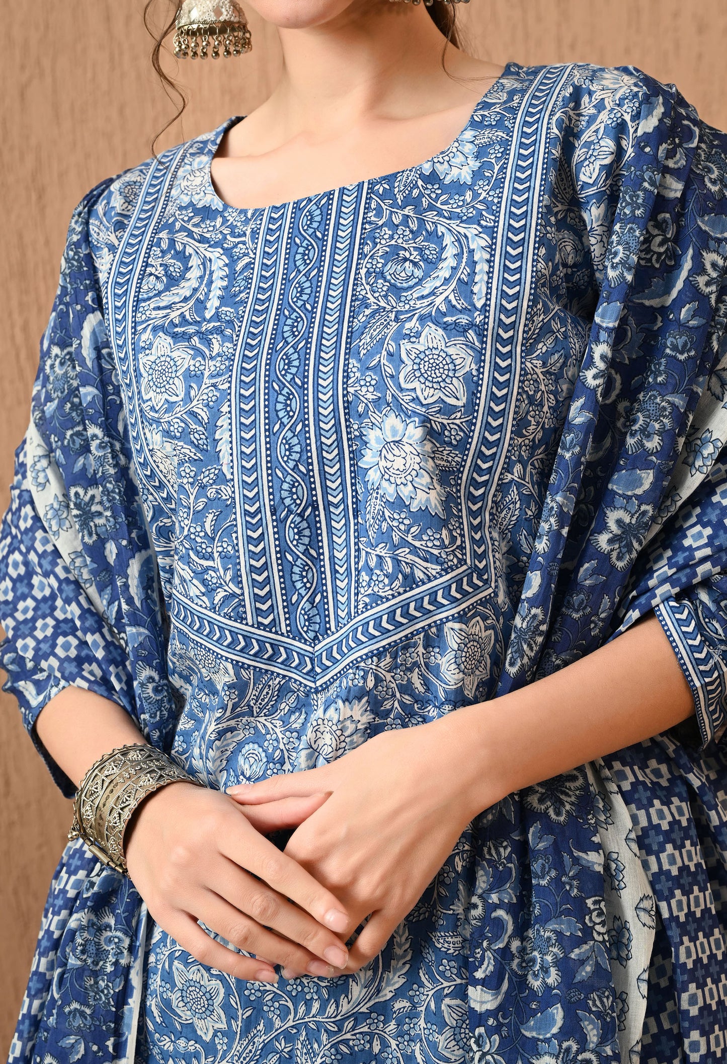 Floral Printed Round Neck Cotton Kurta Set With Dupatta