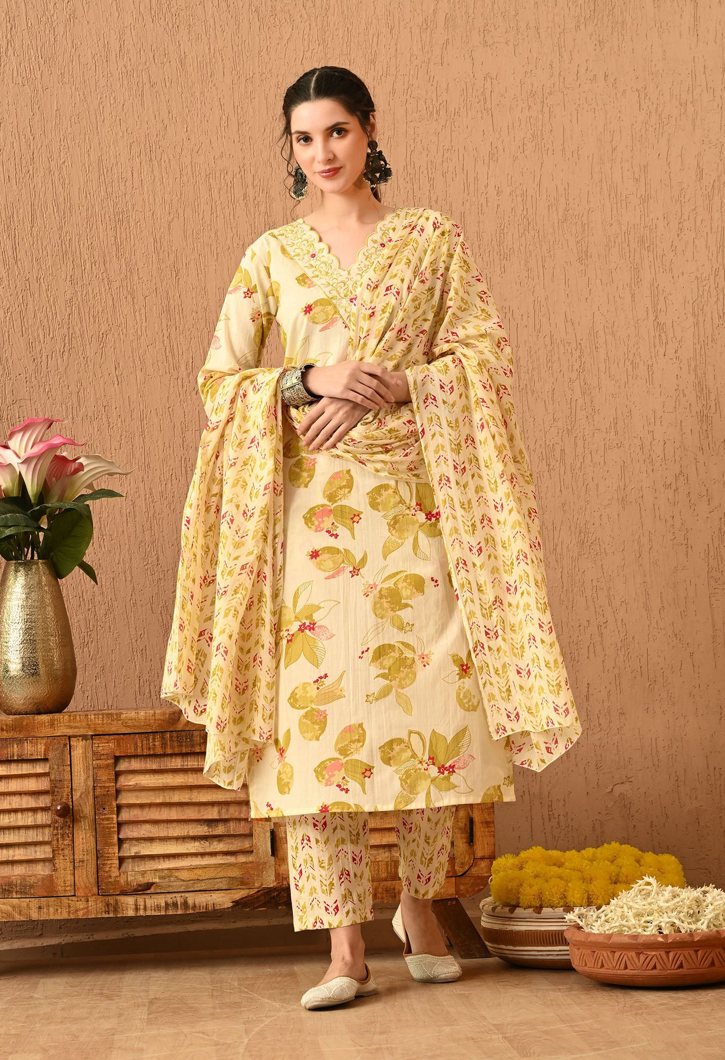 Floral Printed Regular Thread Work Pure Cotton Kurta Set With Dupatta