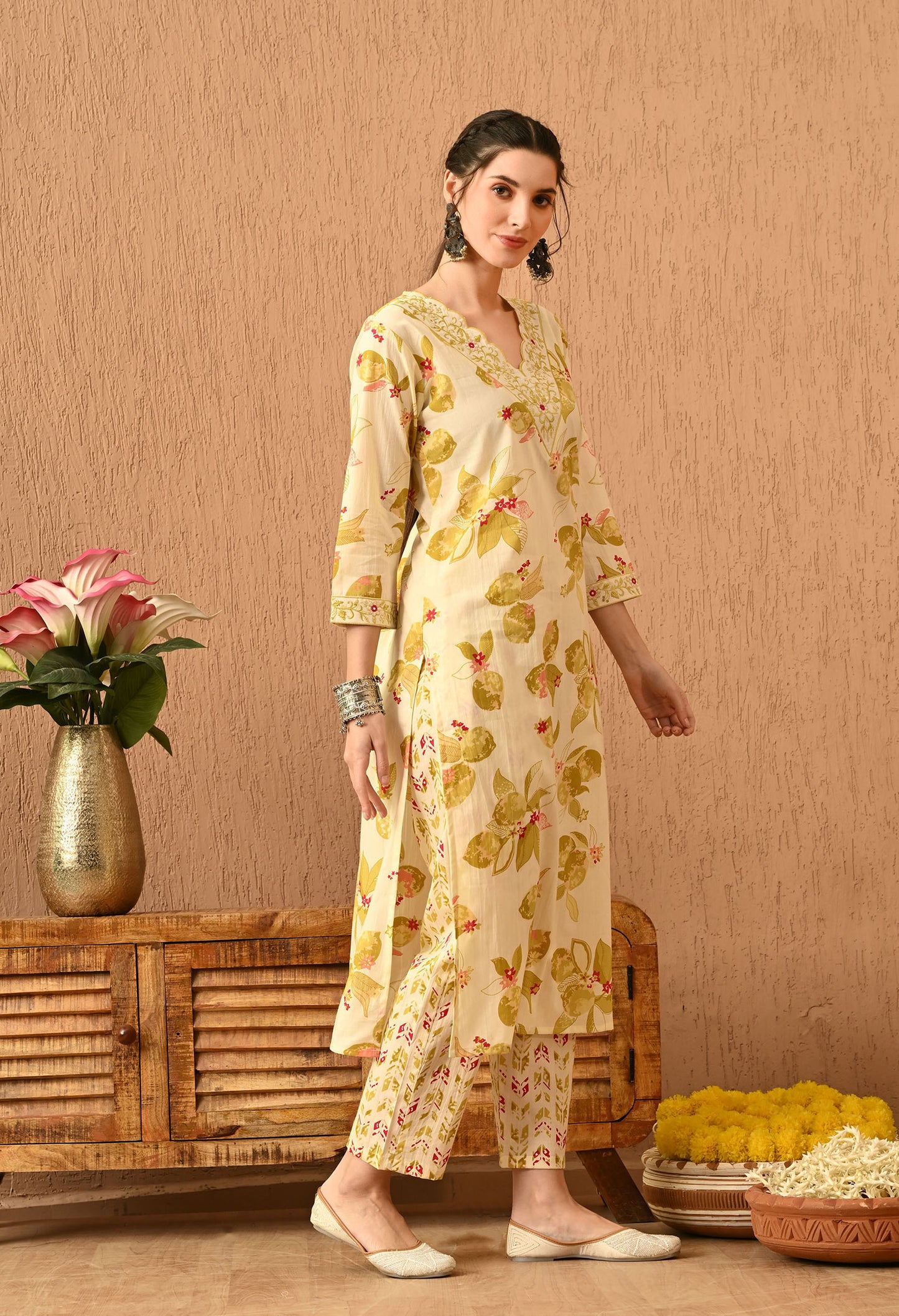 Floral Printed Regular Thread Work Pure Cotton Kurta Set With Dupatta