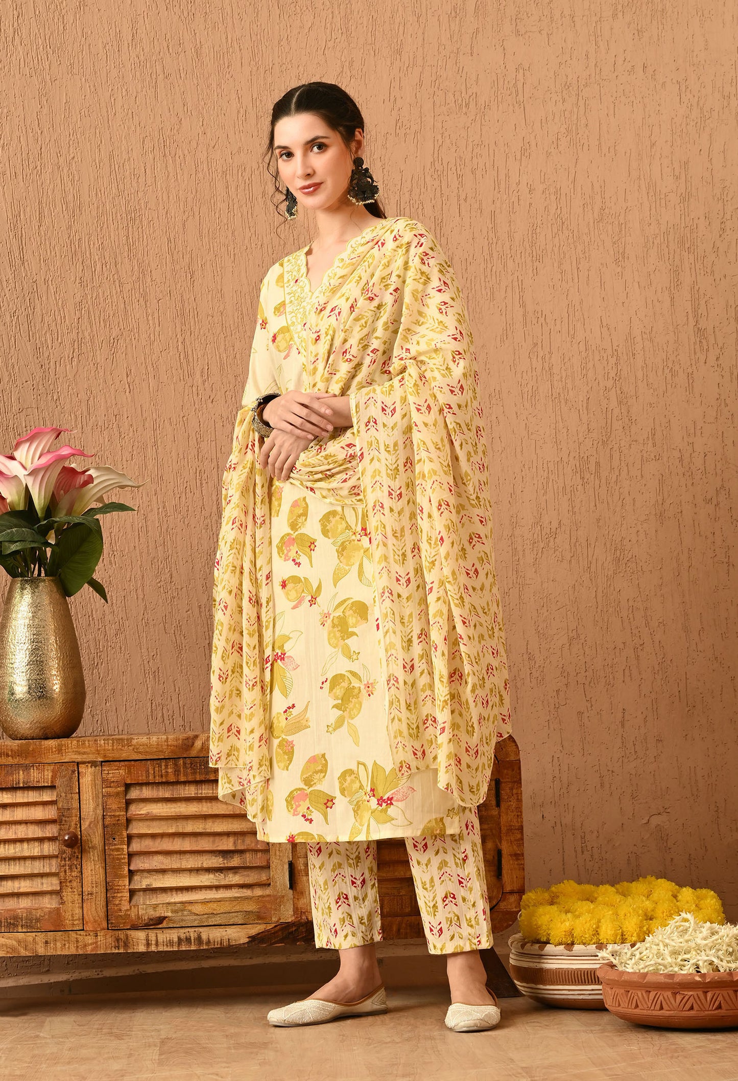 Floral Printed Regular Thread Work Pure Cotton Kurta Set With Dupatta