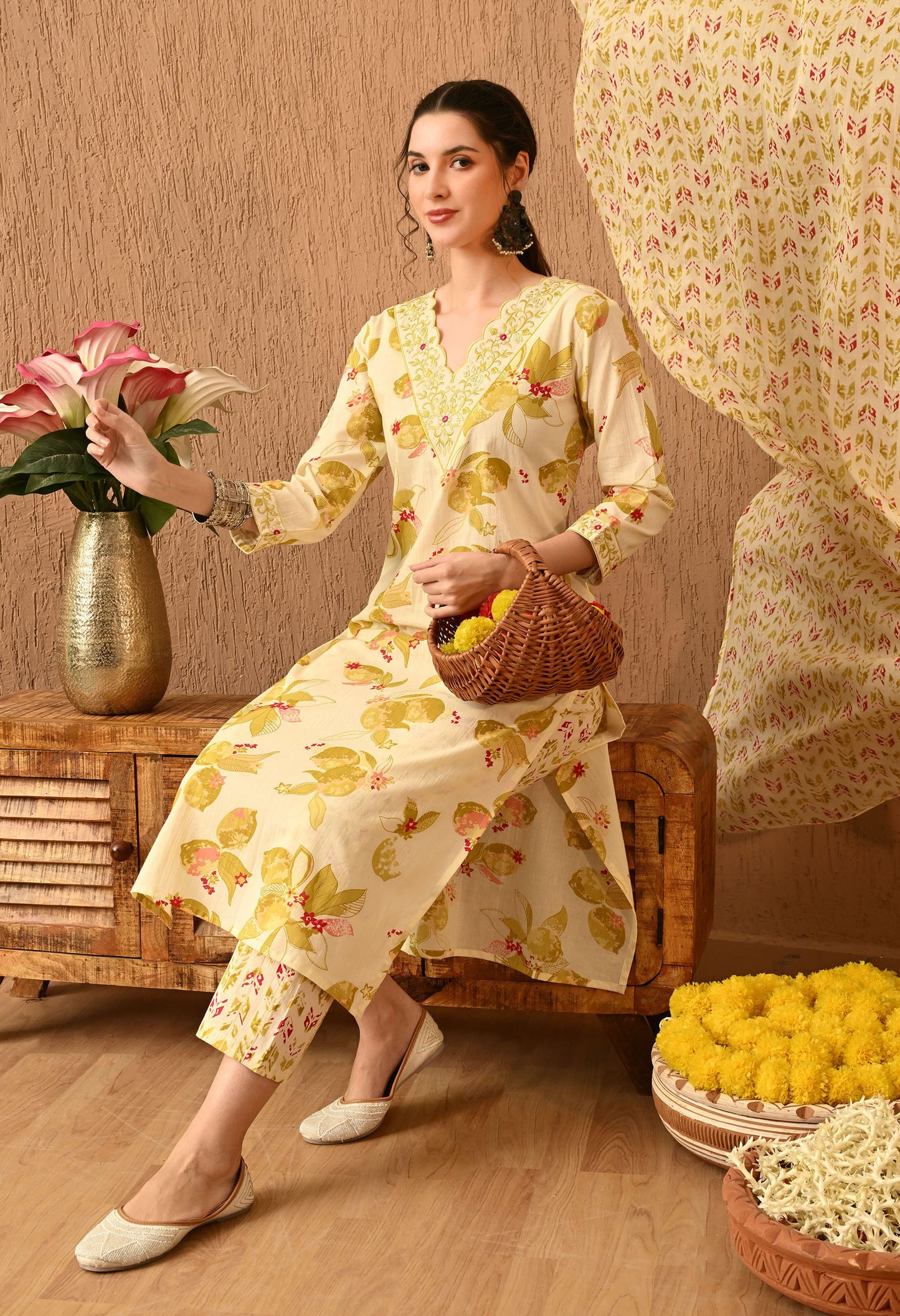 Floral Printed Regular Thread Work Pure Cotton Kurta Set With Dupatta