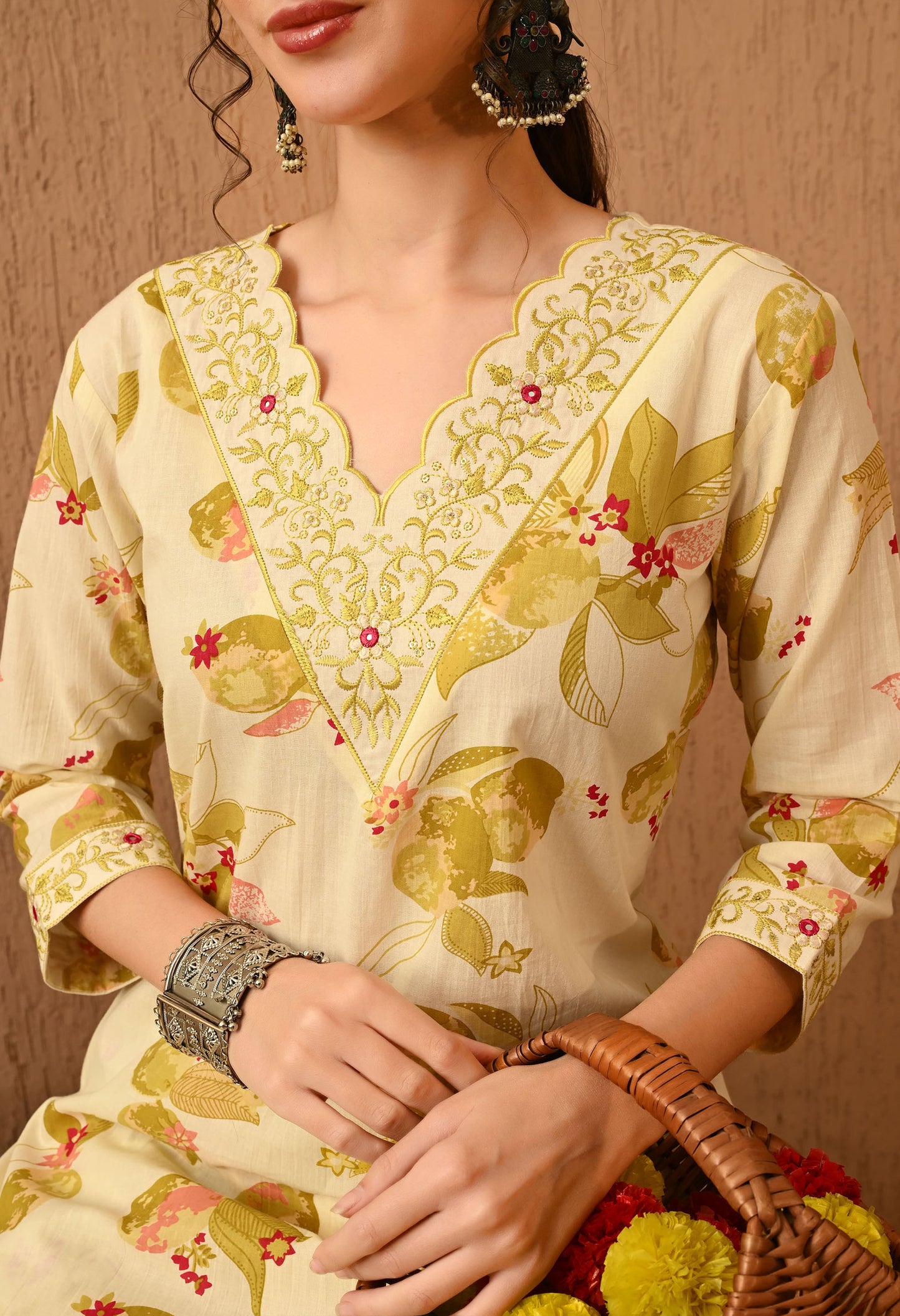 Floral Printed Regular Thread Work Pure Cotton Kurta Set With Dupatta
