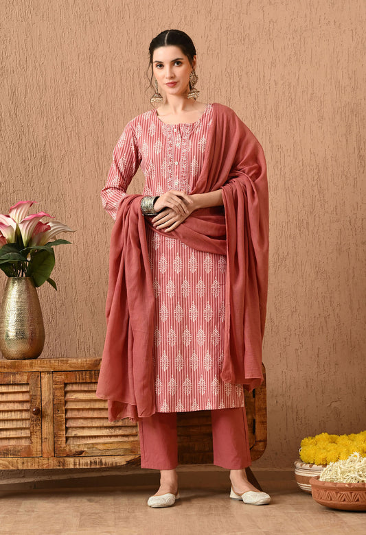 Floral Printed Pure Cotton Kurta Set With Dupatta