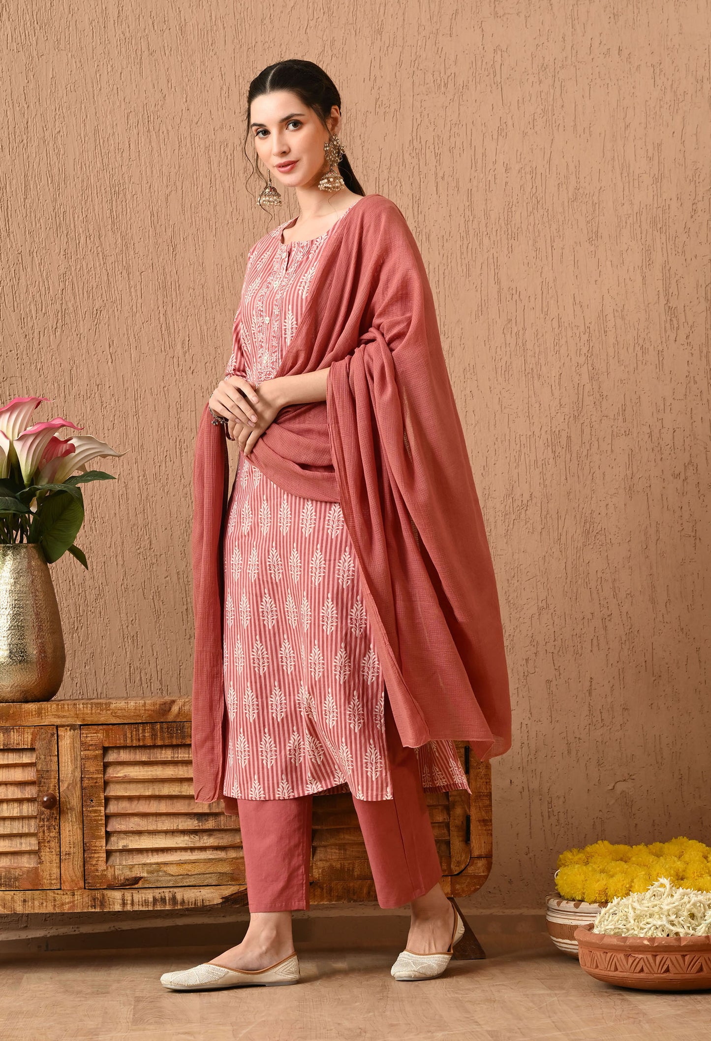 Floral Printed Pure Cotton Kurta Set With Dupatta