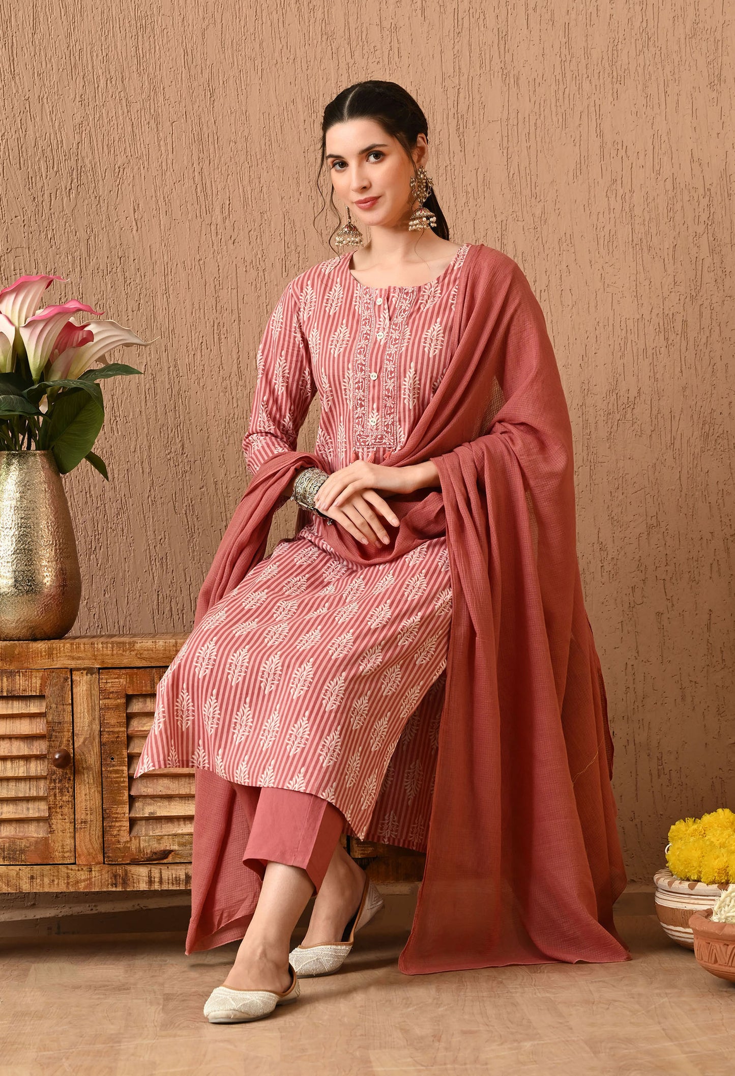 Floral Printed Pure Cotton Kurta Set With Dupatta