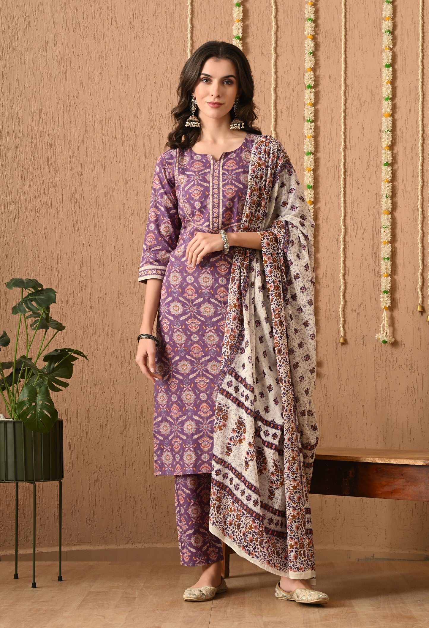 Floral Printed Regular Pure Cotton Straight Kurta Set With Dupatta
