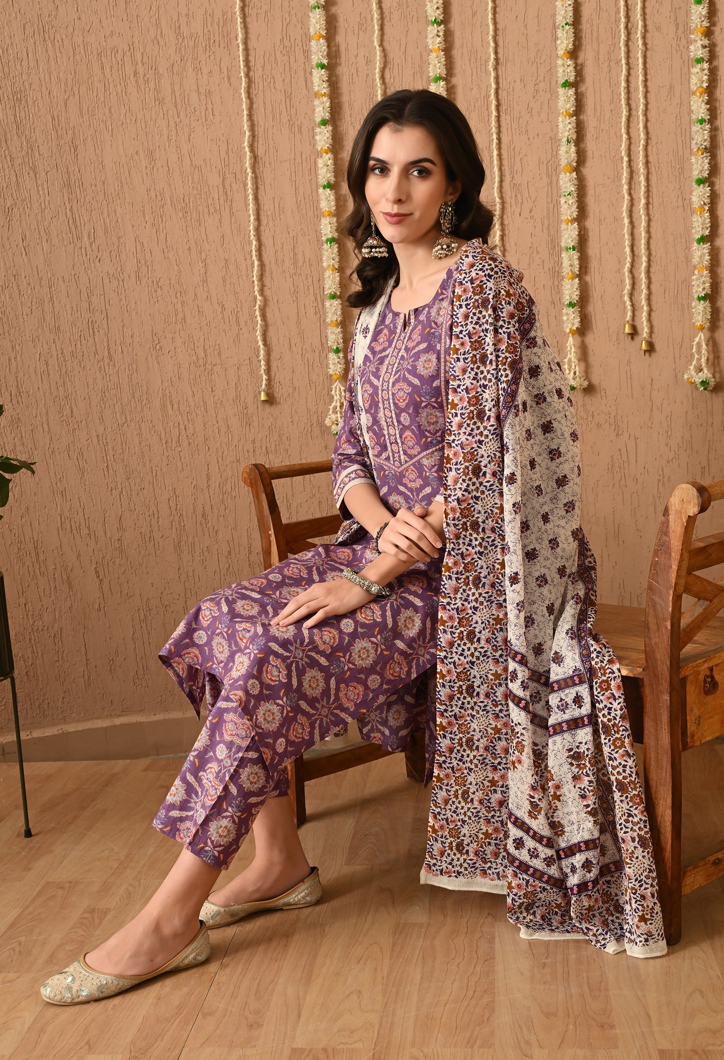 Floral Printed Regular Pure Cotton Straight Kurta Set With Dupatta