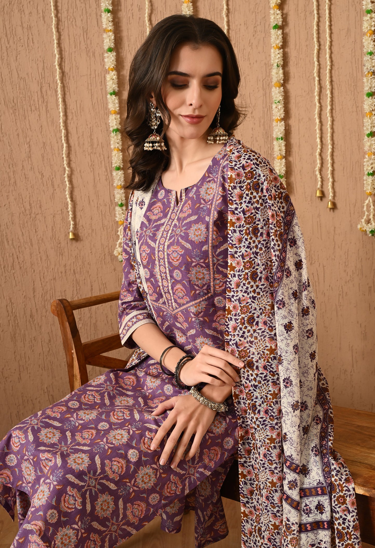 Floral Printed Regular Pure Cotton Straight Kurta Set With Dupatta