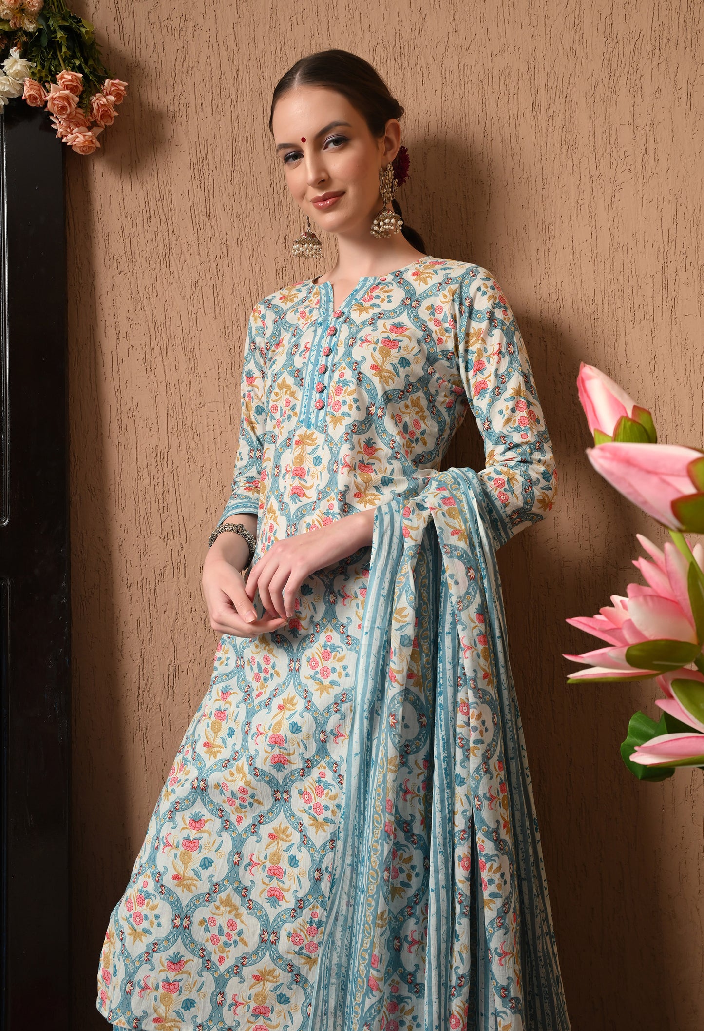 Floral Printed V-Neck Pure Cotton Kurta Set With Dupatta