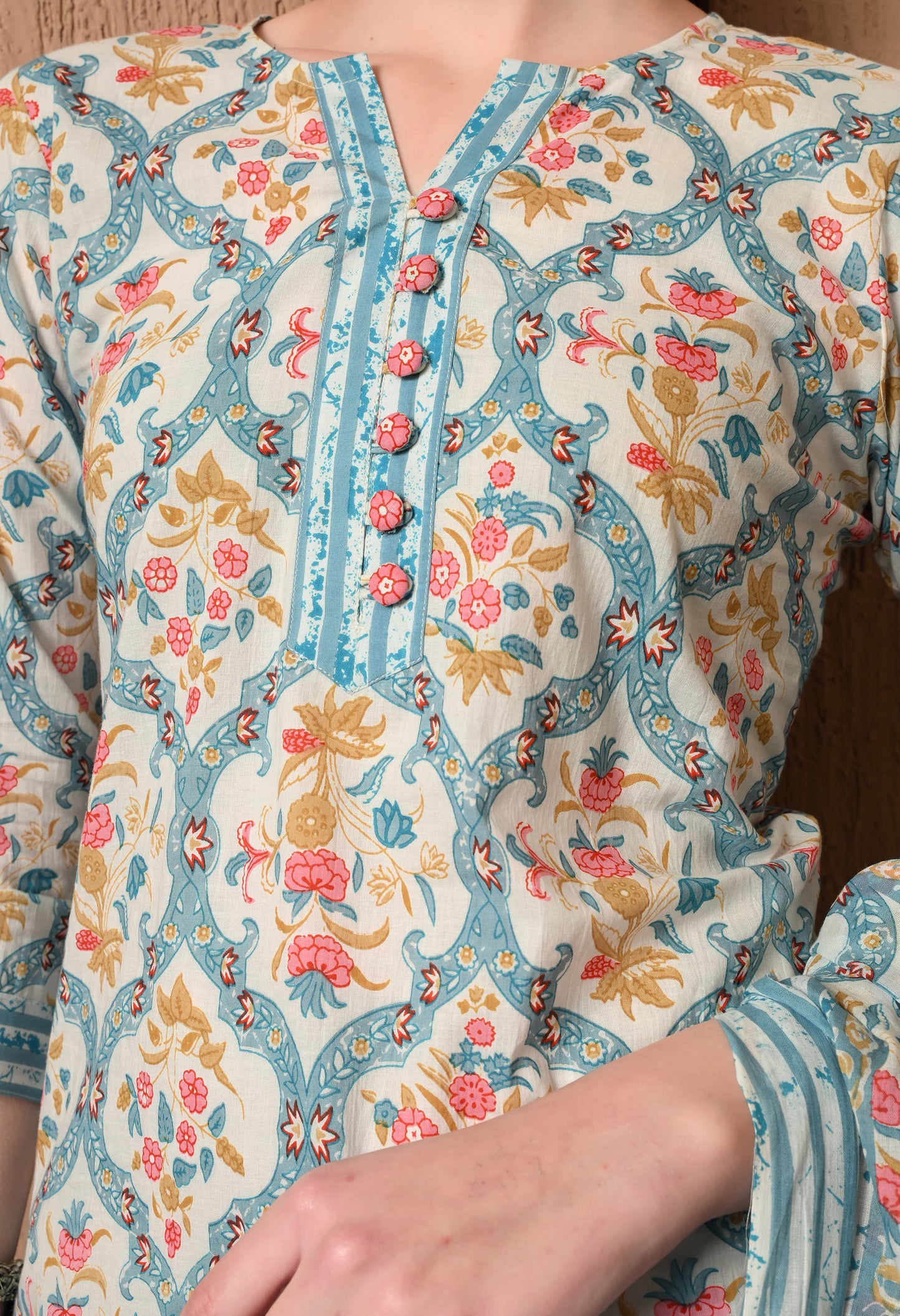 Floral Printed V-Neck Pure Cotton Kurta Set With Dupatta