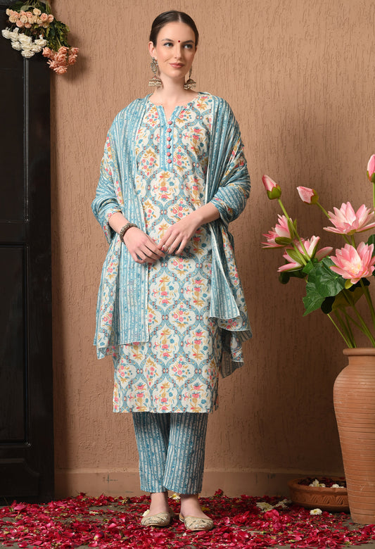 Floral Printed V-Neck Pure Cotton Kurta Set With Dupatta