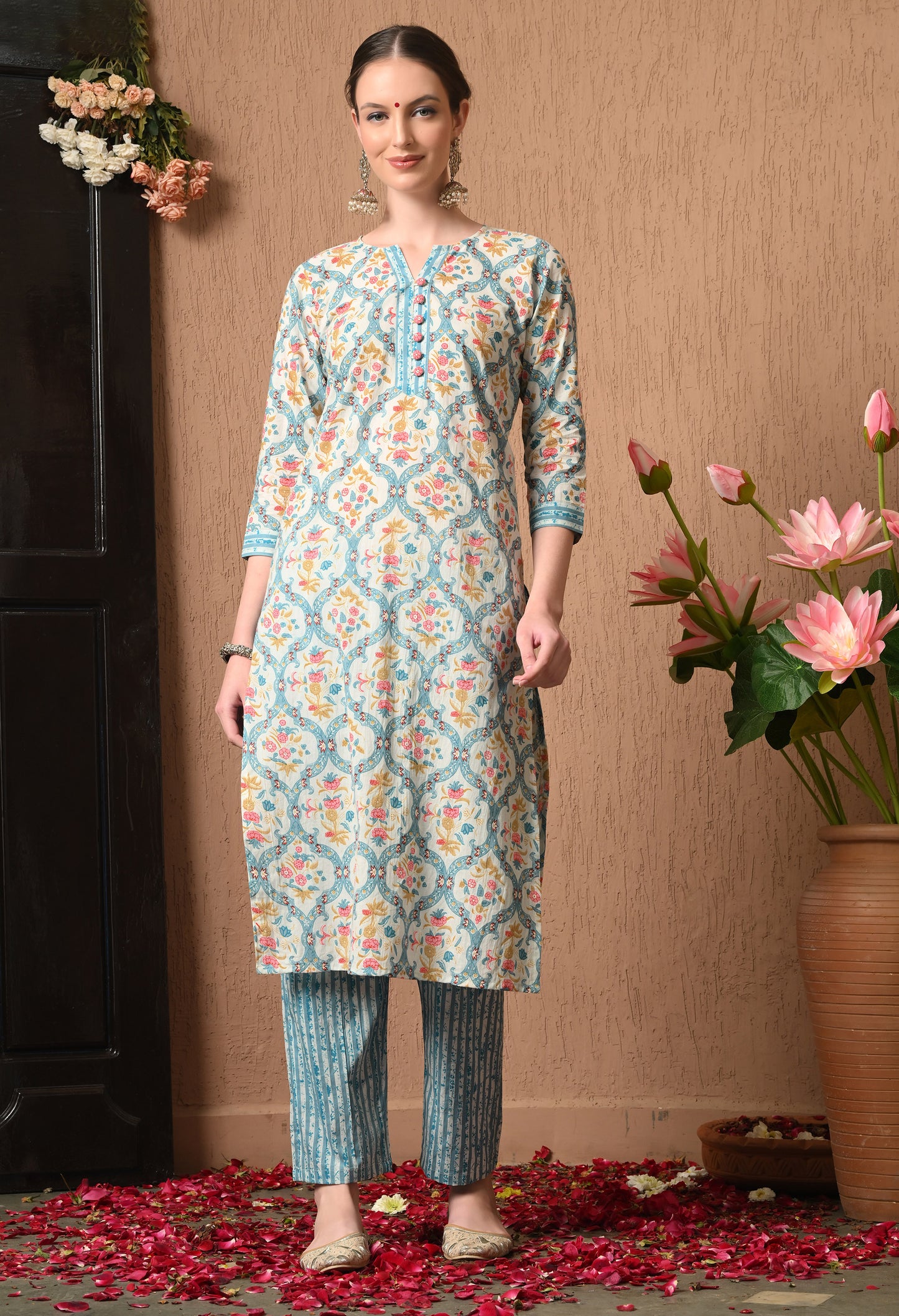 Floral Printed V-Neck Pure Cotton Kurta Set With Dupatta