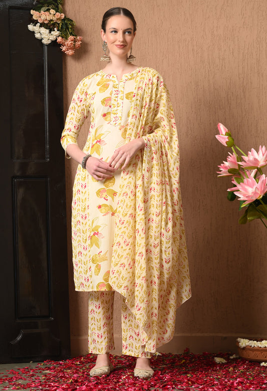 Floral Printed Kurta Pant Set with Dupatta