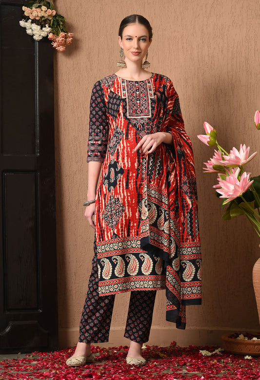 Paisley Printed Regular Mirror Work Cotton Kurta Set With Dupatta 