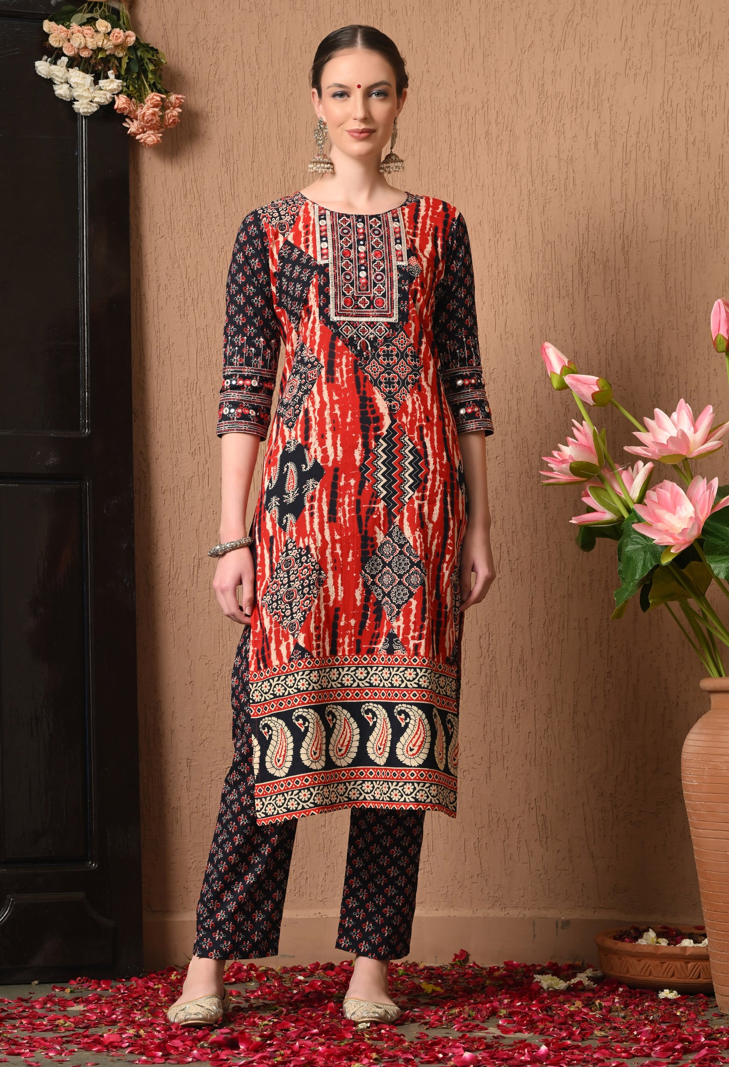 Paisley Printed Regular Mirror Work Cotton Kurta Set With Dupatta 