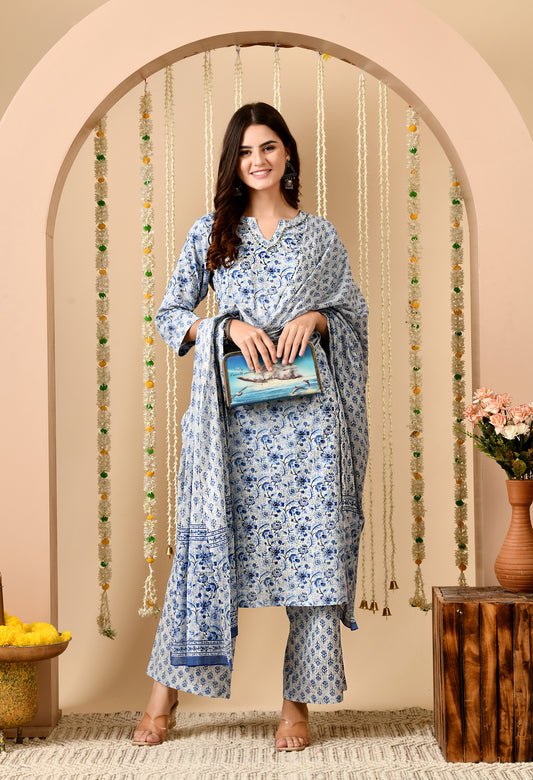 Floral Print Straight Kurta Set With Dupatta