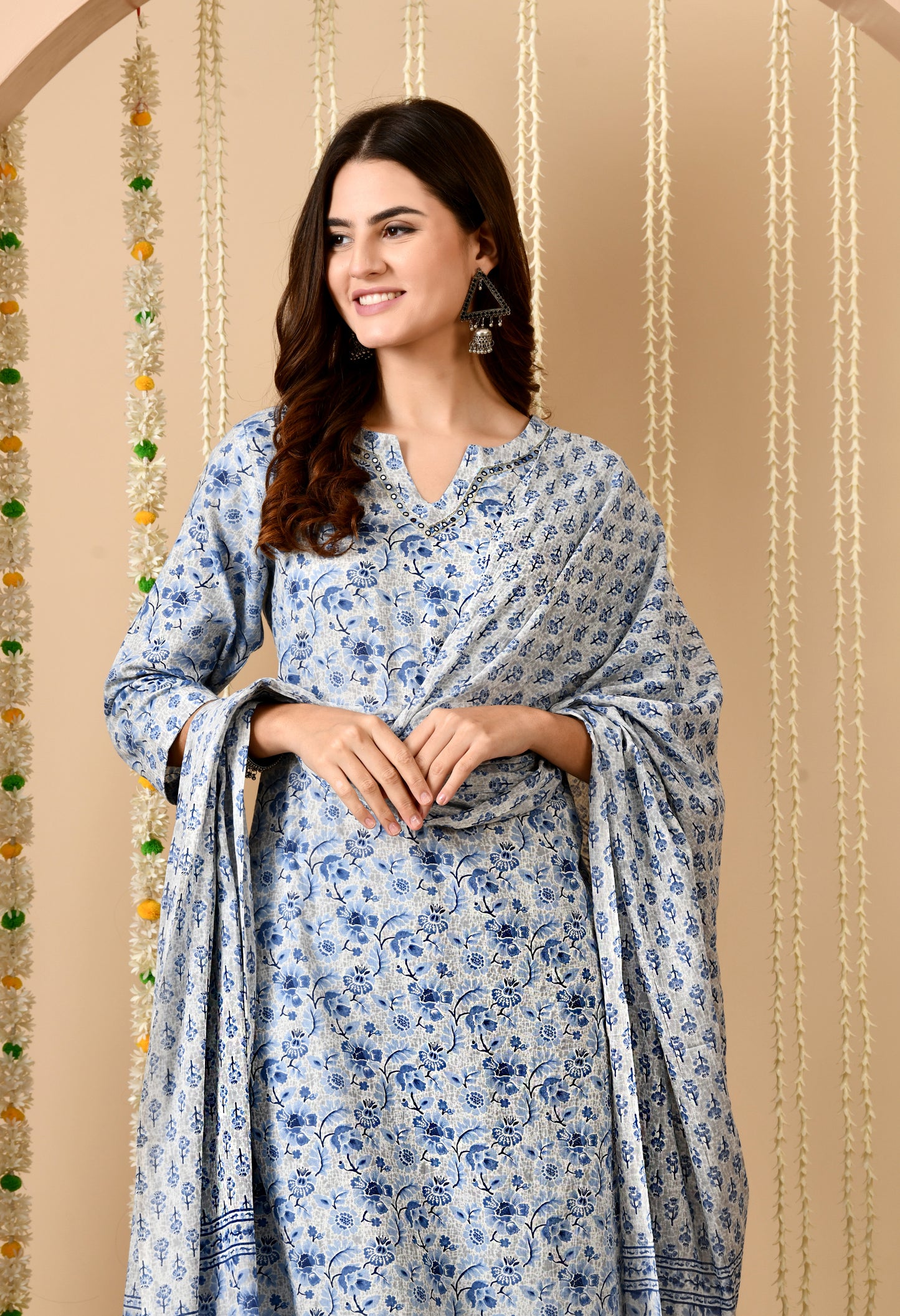 Floral Print Straight Kurta Set With Dupatta