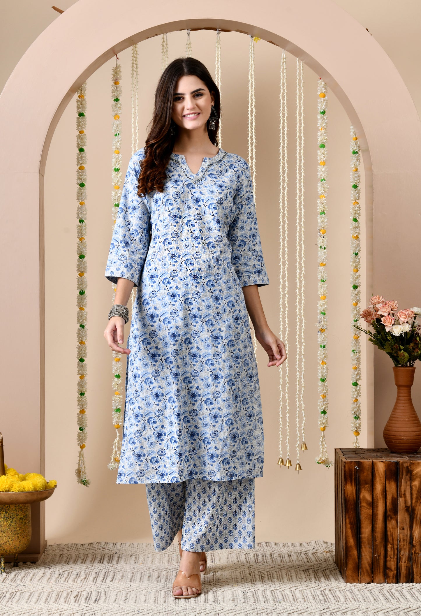 Floral Print Straight Kurta Set With Dupatta