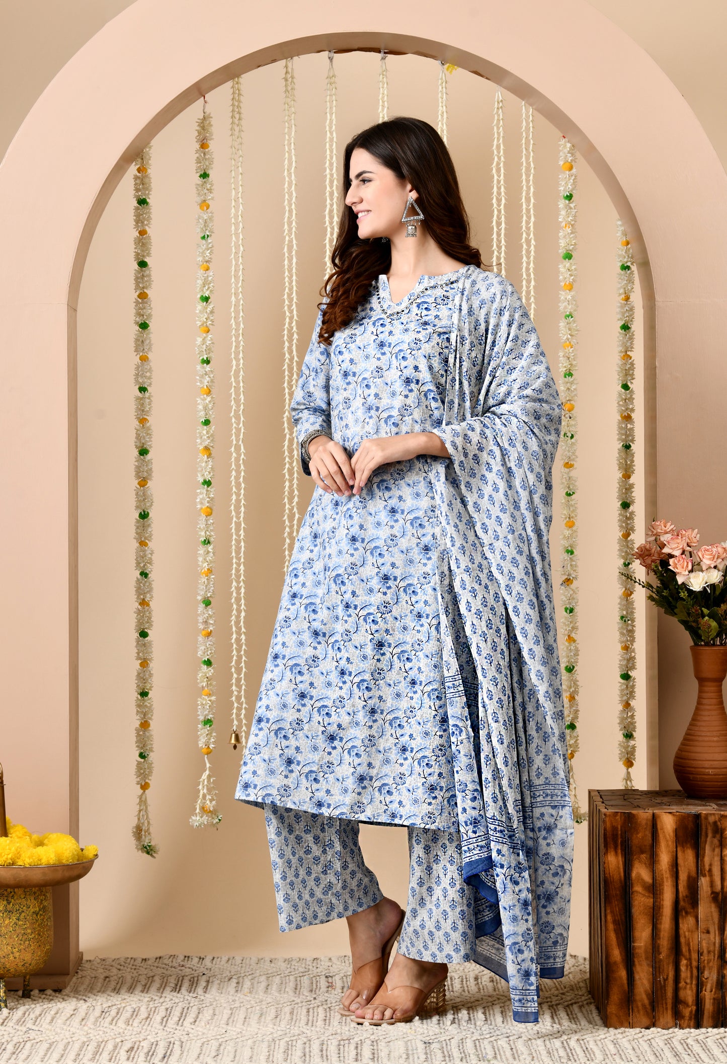 Floral Print Straight Kurta Set With Dupatta