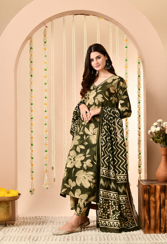 Floral Printed Regular Mirror Work Pure Cotton Kurta Set With Dupatta