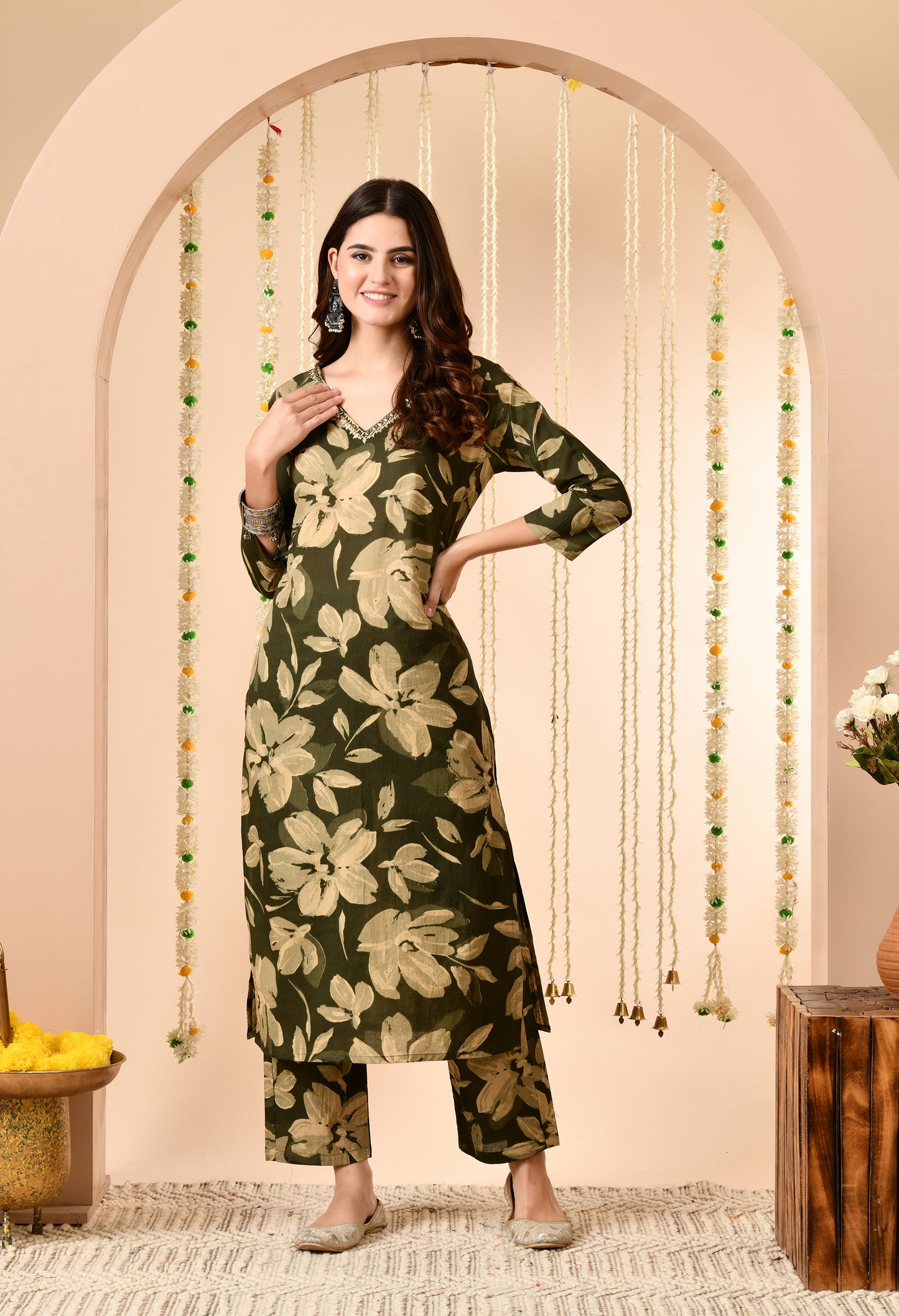 Floral Printed Regular Mirror Work Pure Cotton Kurta Set With Dupatta