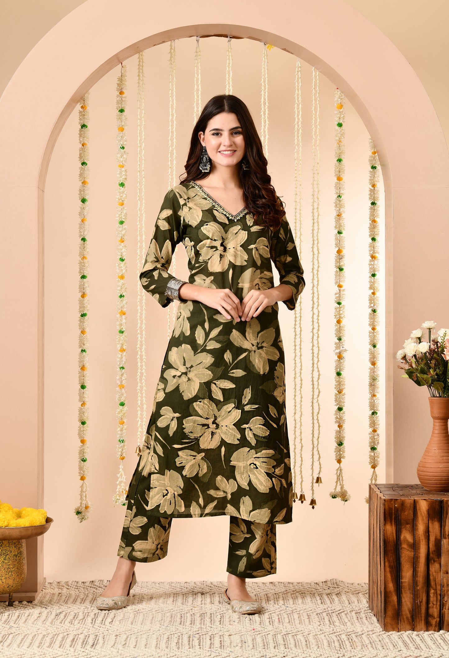 Floral Printed Regular Mirror Work Pure Cotton Kurta Set With Dupatta