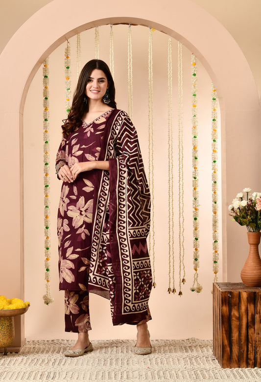 Floral Printed V-Neck Regular Pure Cotton Kurta Set With Dupatta