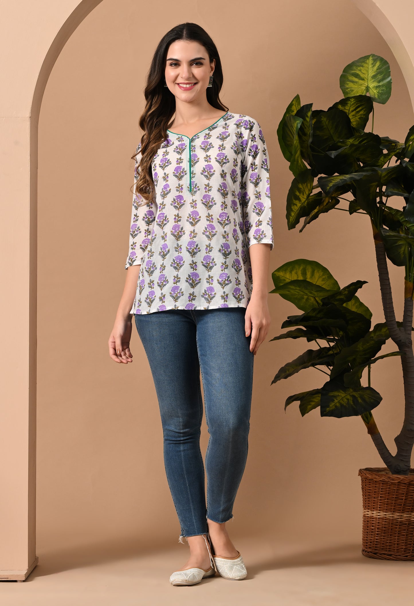 Floral Printed Mandarin Collar Pure Cotton Straight Kurti