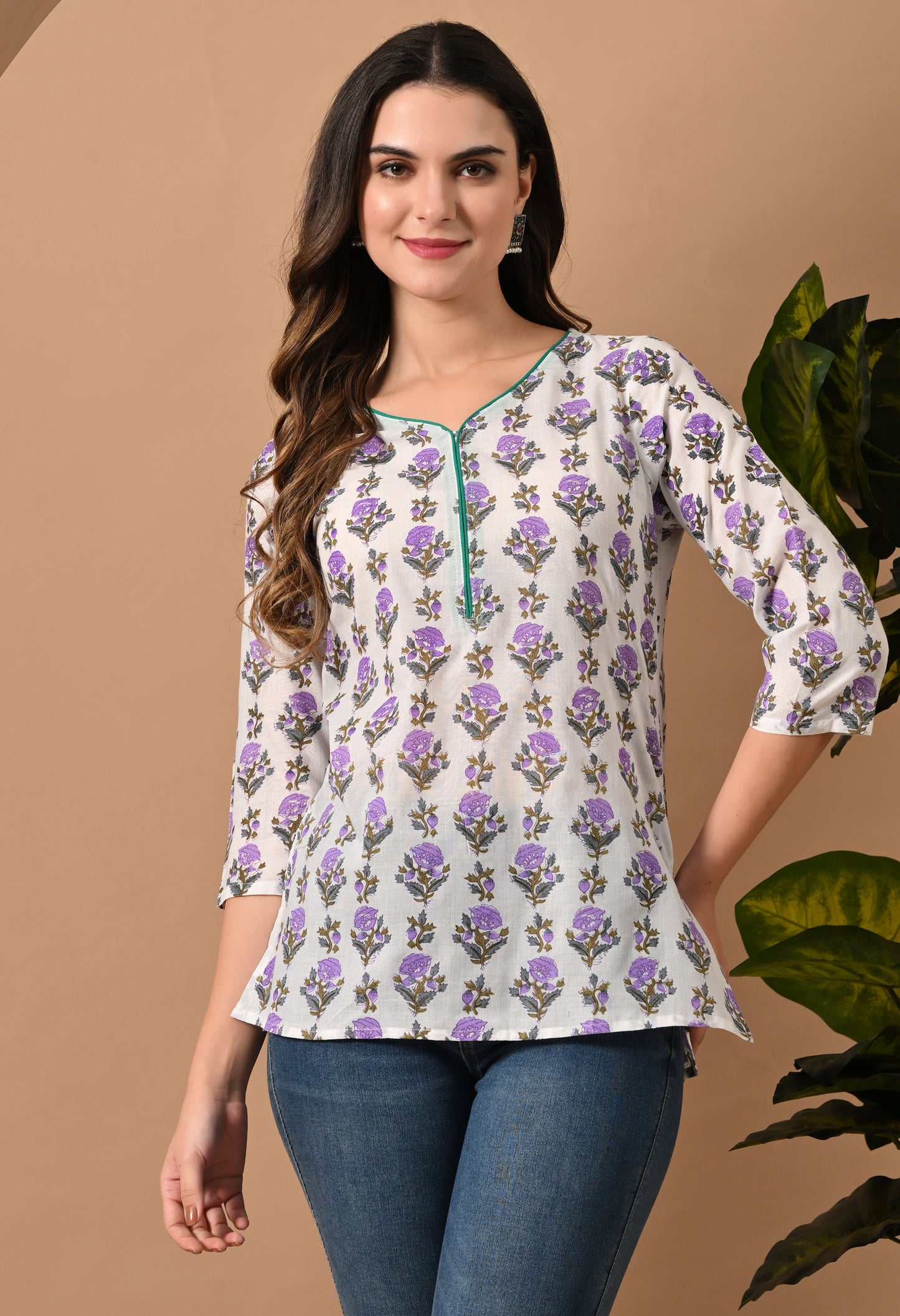 Floral Printed Mandarin Collar Pure Cotton Straight Kurti