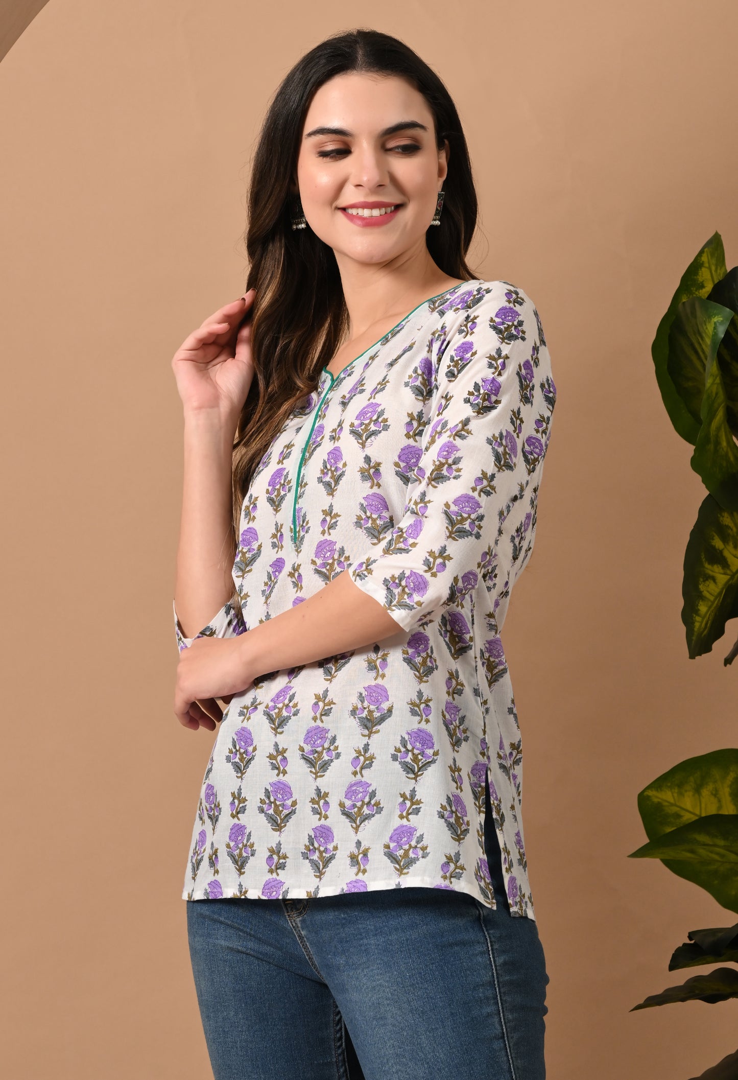 Floral Printed Mandarin Collar Pure Cotton Straight Kurti