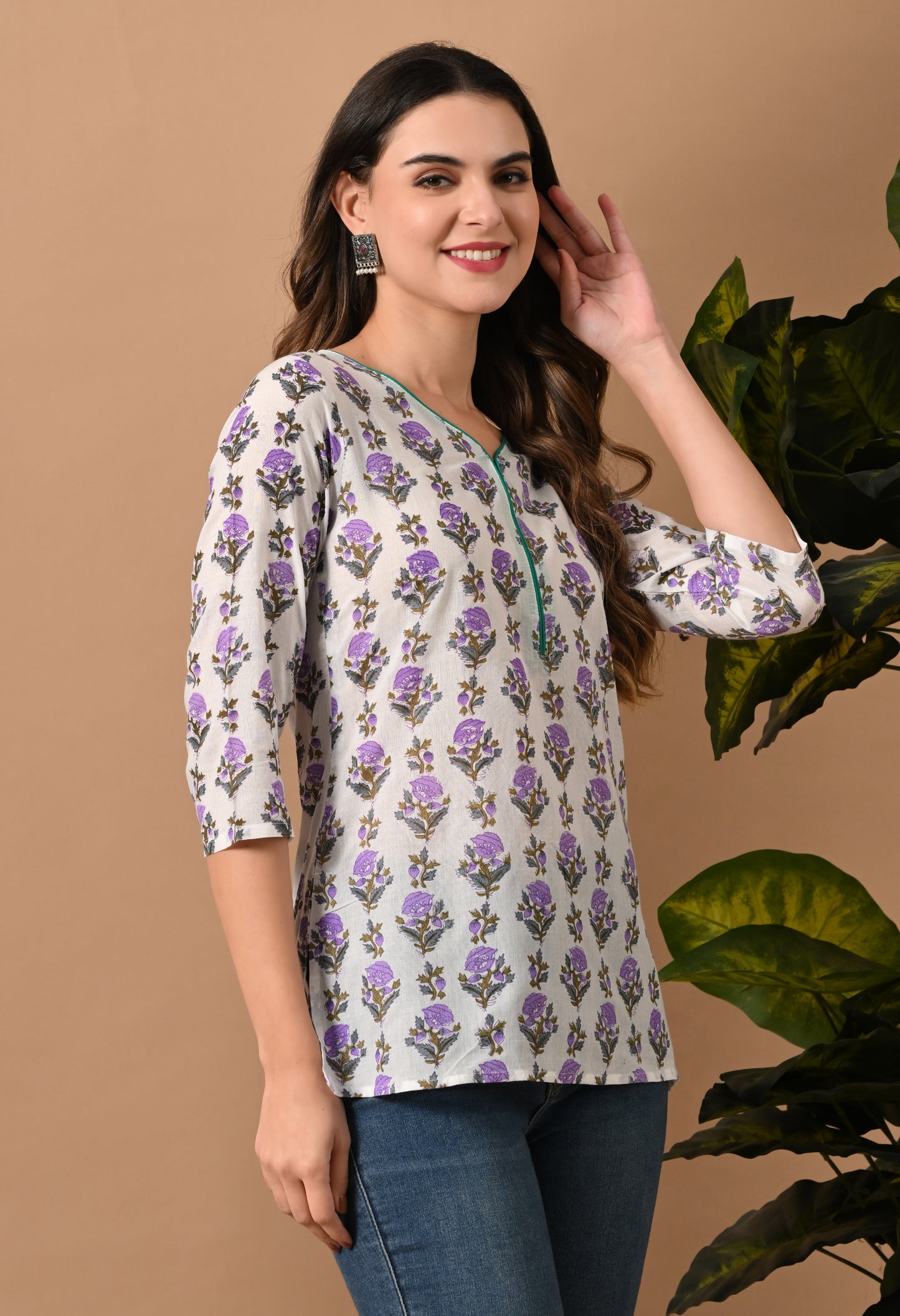 Floral Printed Mandarin Collar Pure Cotton Straight Kurti