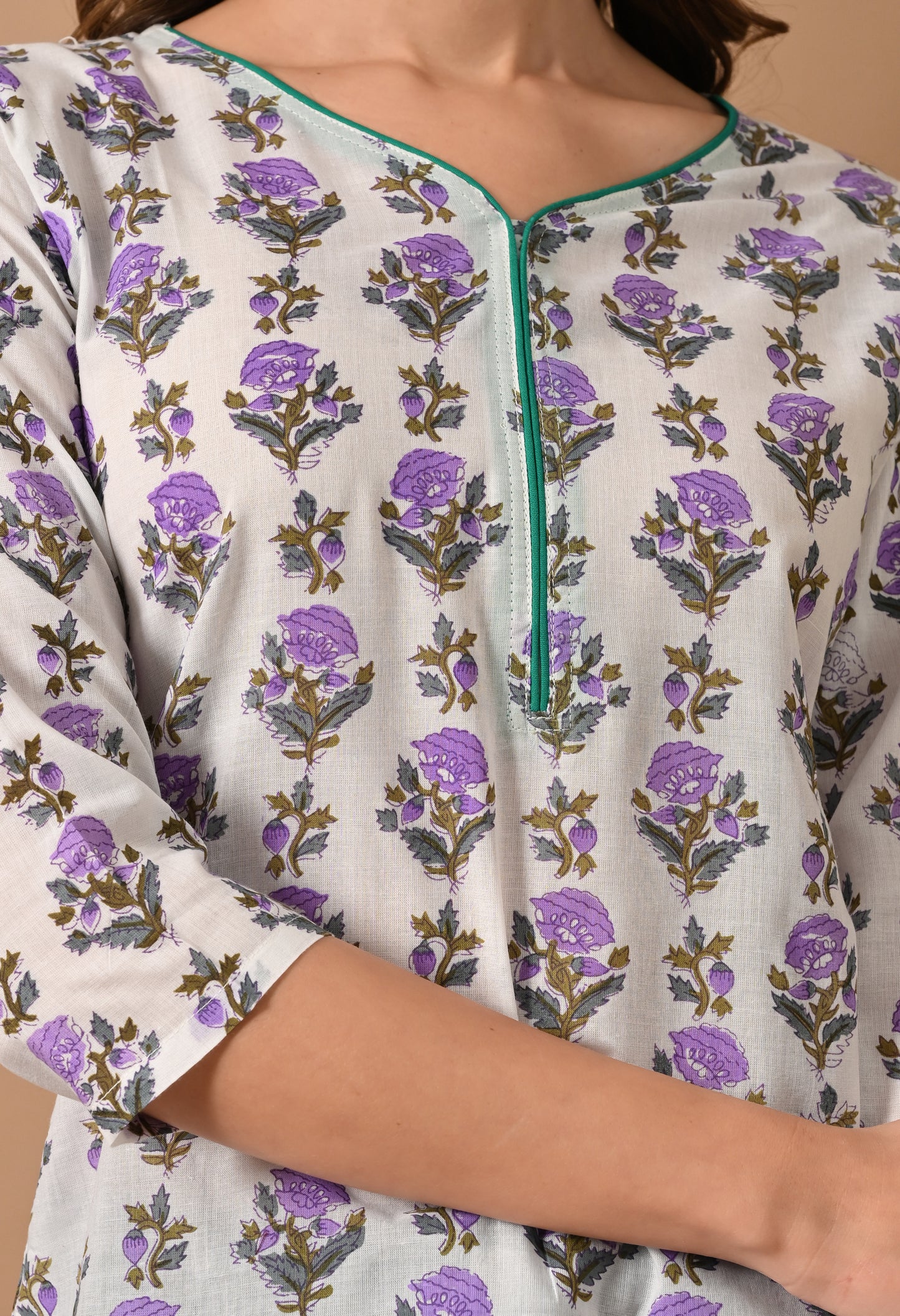 Floral Printed Mandarin Collar Pure Cotton Straight Kurti