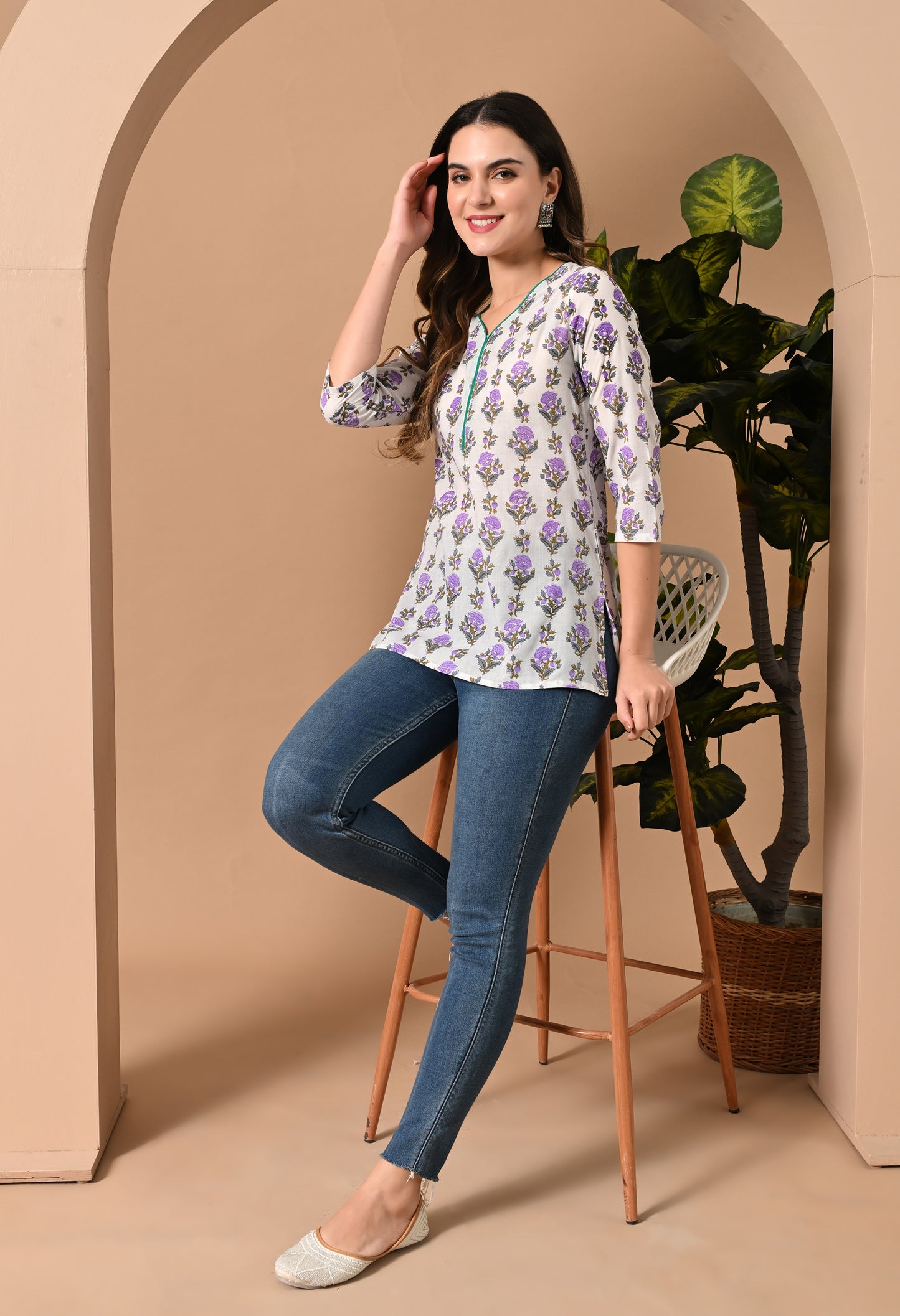 Floral Printed Mandarin Collar Pure Cotton Straight Kurti