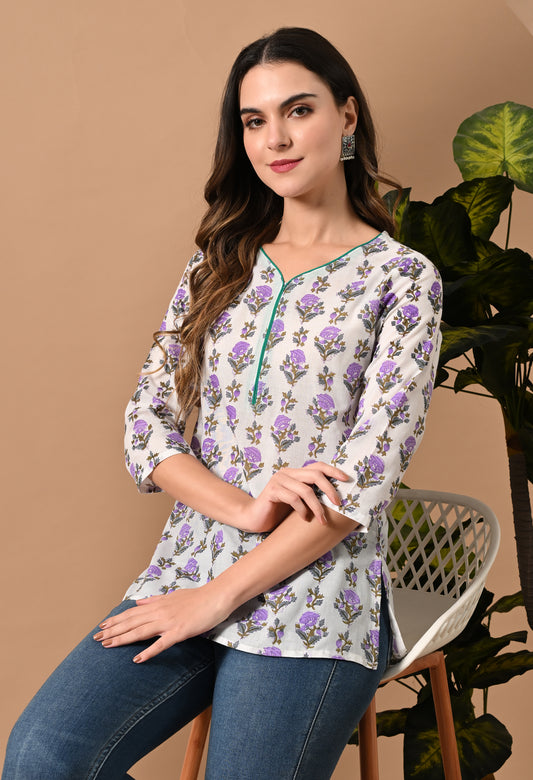 Floral Printed Mandarin Collar Pure Cotton Straight Kurti